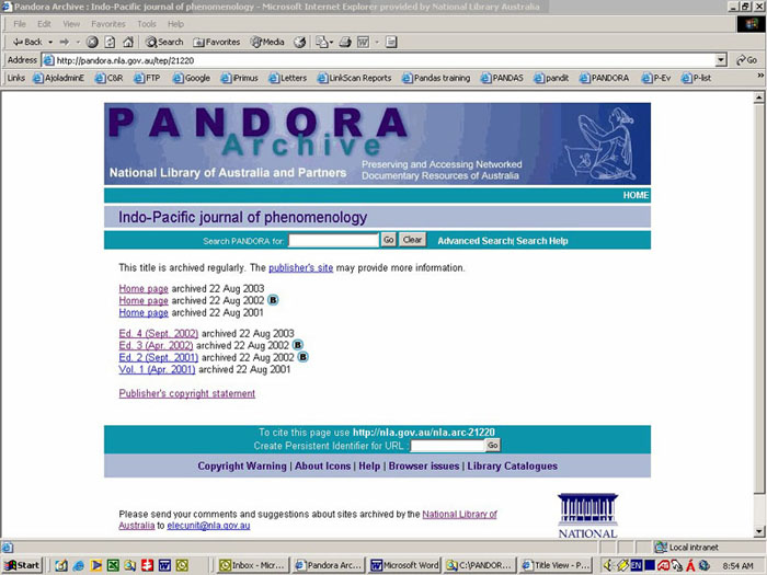 PANDORA Title entry page